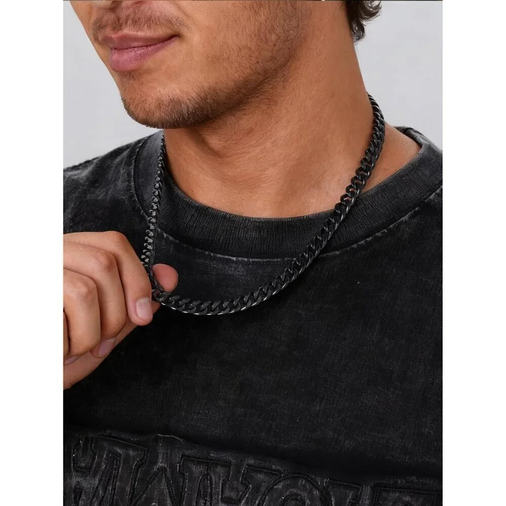 Men's 9MM Width-Black Stainless Steel Miami Cuban Curb Link Chain Necklace